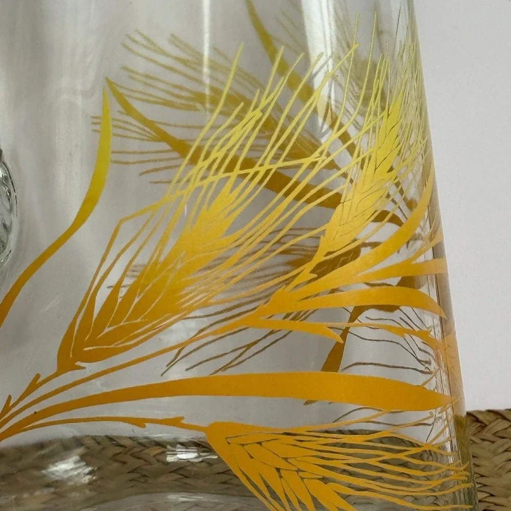 Vintage Mid Century Glass Juice Pitcher‎ Yellow Golden Wheat Pattern Ice Lip